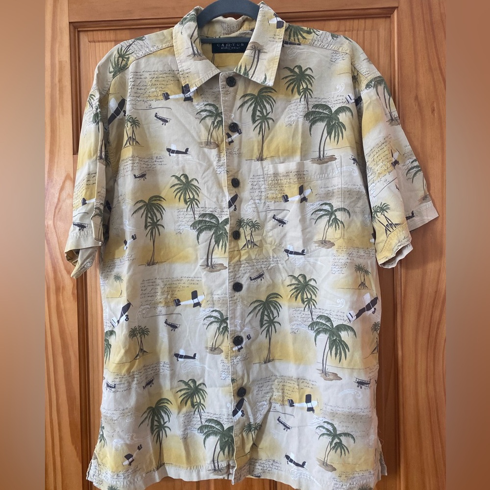 Cactus Black Label Hawaiian Shirt Men’s Large Palm Tree Airplane Print Made USA